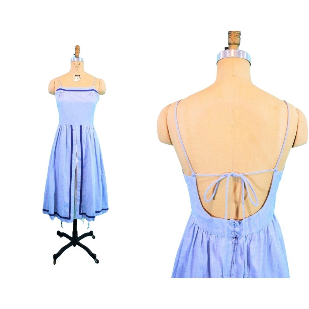 Vintage 1980s Backless Dress Tie Back Blue Chambray 80s does 50s Cottagecore